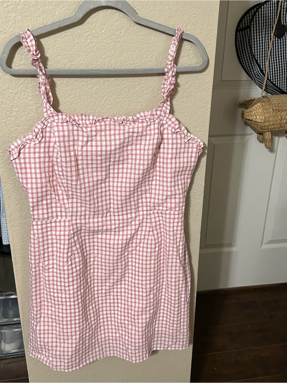 Lost + Wander Pink Gingham Mini Dress with Ruffled Tie Straps